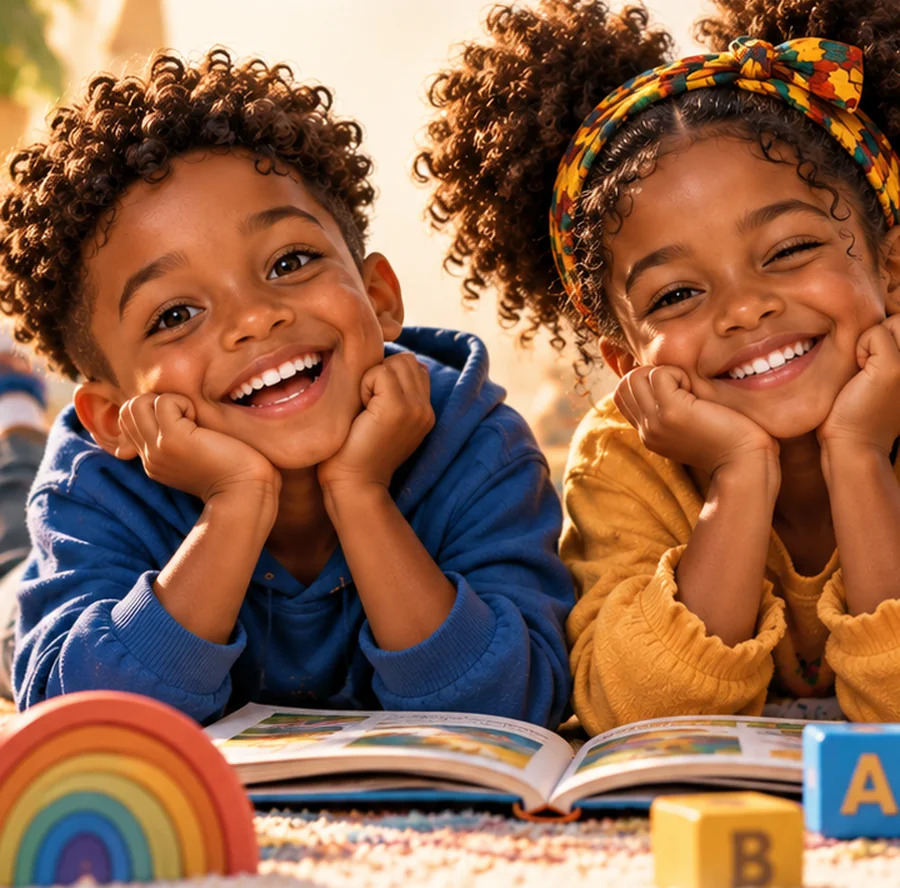 Kind hat Spaß beim Musikhören in einem gemütlichen, kinderfreundlichen Wohnzimmer
